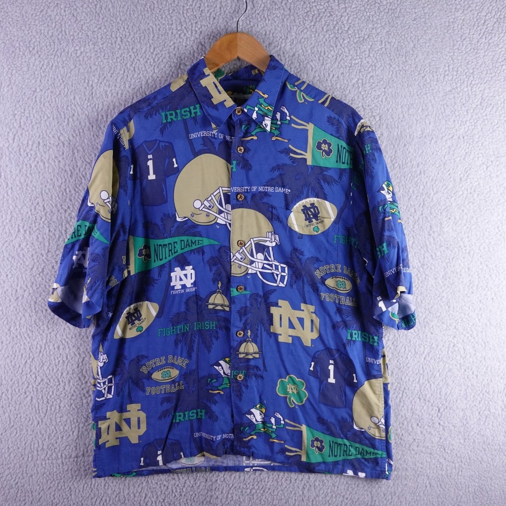 Reyn Spooner Notre Dame Fighting Irish Hawaiian Shirt Mens Large Blue Rayon